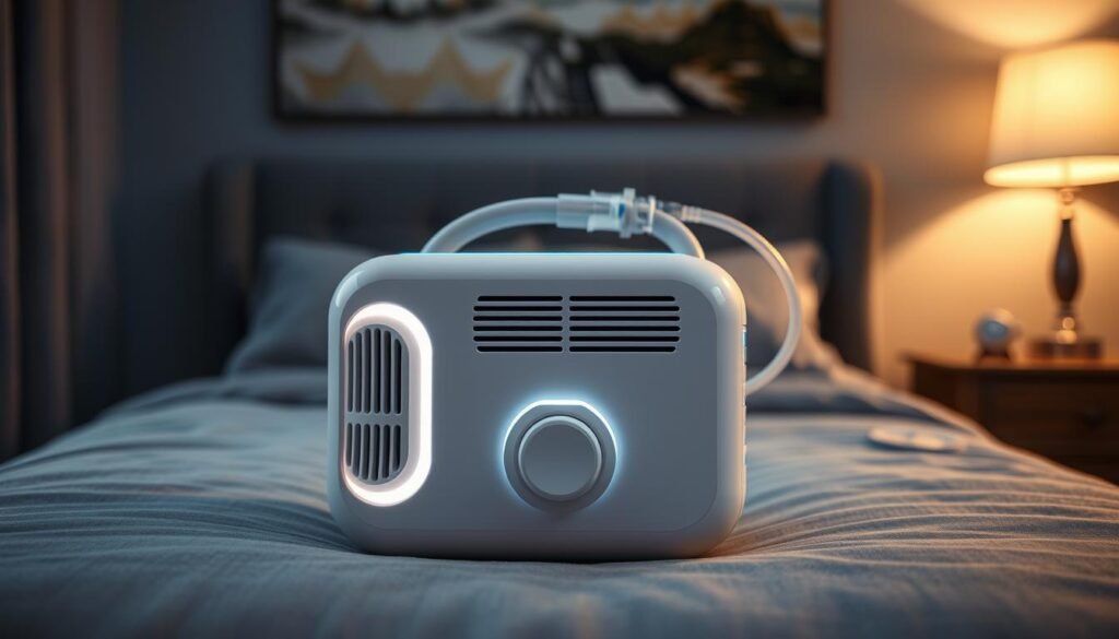 A highly detailed, photorealistic image of a sleek, modern iCareCPAP sleep apnea machine against a backdrop of a dimly lit, cozy bedroom. The device is centrally positioned, its glossy white casing and muted blue LED accents casting a warm, inviting glow. The foreground is crisp and in sharp focus, with attention to the machine's intricate vents, control panel, and air tubing. The middle ground features a plush, gray bedspread and a nightstand with a softly illuminated lamp. The background is slightly blurred, creating depth and emphasizing the machine as the focal point. The overall atmosphere is one of comfort, relaxation, and the importance of quality sleep, particularly in high-altitude regions.