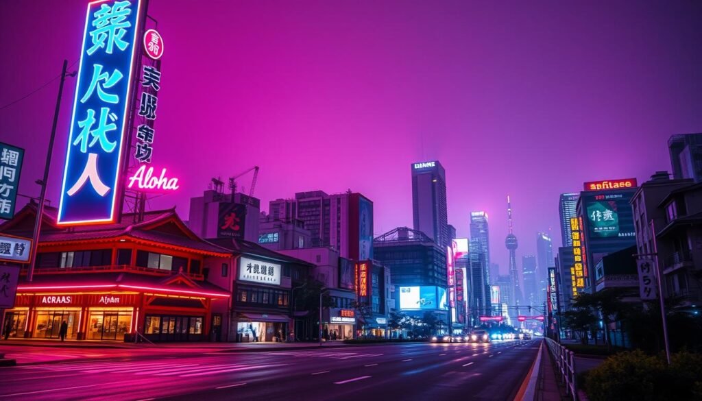 A neon-lit cityscape at night, with vibrant hues of pink, blue, and purple illuminating the streets. In the foreground, a towering "Aloha" sign casts a warm glow, its vibrant colors reflecting off the wet pavement. The middle ground features a fusion of traditional Japanese architecture and modern high-rises, their windows aglow with LED technology. In the background, a hazy skyline of skyscrapers and billboards stands tall, surrounded by a moody, atmospheric lighting that evokes a sense of energy and modernity. The scene captures the evolution of neon signage and its seamless integration with contemporary LED technology, creating a visually stunning and immersive cityscape. A neon-lit cityscape at night, with vibrant hues of pink, blue, and purple illuminating the streets. In the foreground, a towering "Aloha" sign casts a warm glow, its vibrant colors reflecting off the wet pavement. The middle ground features a fusion of traditional Japanese architecture and modern high-rises, their windows aglow with LED technology. In the background, a hazy skyline of skyscrapers and billboards stands tall, surrounded by a moody, atmospheric lighting that evokes a sense of energy and modernity. The scene captures the evolution of neon signage and its seamless integration with contemporary LED technology, creating a visually stunning and immersive cityscape.
