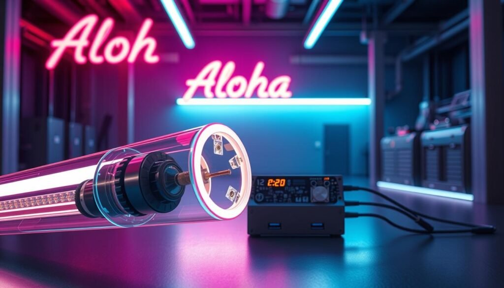 A neon-lit scene showcasing the inner workings of an Aloha brand LED neon light, illuminating the technical differences between traditional neon and modern LED technology. The foreground features a cutaway view of the LED neon tube, revealing its intricate components and construction. The middle ground depicts the specialized control circuit and driver that powers the neon light, highlighting the precision and efficiency of LED illumination. The background shows a sleek, minimalist industrial setting, emphasizing the advanced, high-tech nature of contemporary LED neon lighting systems. Detailed, technical, and visually striking. A neon-lit scene showcasing the inner workings of an Aloha brand LED neon light, illuminating the technical differences between traditional neon and modern LED technology. The foreground features a cutaway view of the LED neon tube, revealing its intricate components and construction. The middle ground depicts the specialized control circuit and driver that powers the neon light, highlighting the precision and efficiency of LED illumination. The background shows a sleek, minimalist industrial setting, emphasizing the advanced, high-tech nature of contemporary LED neon lighting systems. Detailed, technical, and visually striking.