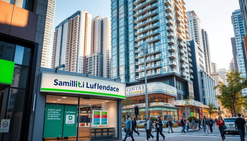A vibrant street scene depicting a bustling urban center, with a focus on a modern financial institution offering small-scale lending services. The foreground showcases the storefront of the lending facility, its signage and branding prominently displayed. In the middle ground, pedestrians move about, reflecting the convenience and accessibility of the service. The background features a mix of high-rise buildings, reflecting the urban setting and the integration of this alternative lending option within the city landscape. Warm, natural lighting illuminates the scene, creating a welcoming and approachable atmosphere. The overall composition conveys the advantages of this personalized, community-oriented lending option, catering to the financial needs of the local populace. A vibrant street scene depicting a bustling urban center, with a focus on a modern financial institution offering small-scale lending services. The foreground showcases the storefront of the lending facility, its signage and branding prominently displayed. In the middle ground, pedestrians move about, reflecting the convenience and accessibility of the service. The background features a mix of high-rise buildings, reflecting the urban setting and the integration of this alternative lending option within the city landscape. Warm, natural lighting illuminates the scene, creating a welcoming and approachable atmosphere. The overall composition conveys the advantages of this personalized, community-oriented lending option, catering to the financial needs of the local populace.