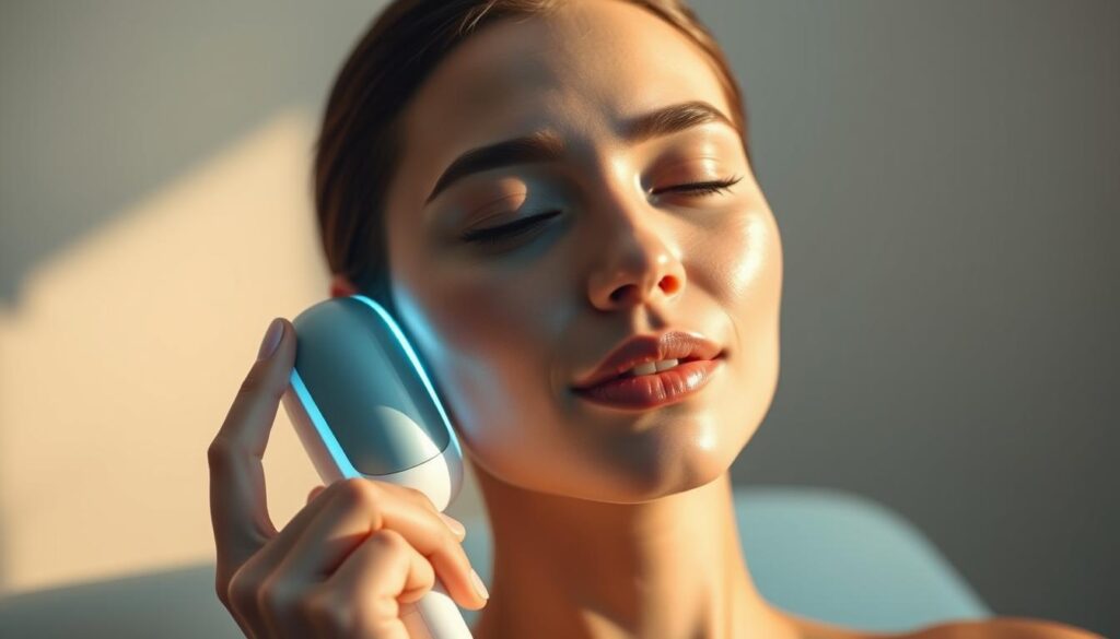Oligio X 原美電波: a serene, glowing portrait of a woman experiencing the painless, rejuvenating effects of the Glowin Beaute technology. Soft, diffused lighting illuminates her relaxed expression, while the device rests gently on her face, its sleek design blending seamlessly. The background is a minimalist, soothing palette, allowing the subject to be the focal point. Captured with a medium-length lens, the composition is balanced, conveying a sense of tranquility and comfort during this transformative beauty treatment. Oligio X 原美電波: a serene, glowing portrait of a woman experiencing the painless, rejuvenating effects of the Glowin Beaute technology. Soft, diffused lighting illuminates her relaxed expression, while the device rests gently on her face, its sleek design blending seamlessly. The background is a minimalist, soothing palette, allowing the subject to be the focal point. Captured with a medium-length lens, the composition is balanced, conveying a sense of tranquility and comfort during this transformative beauty treatment.