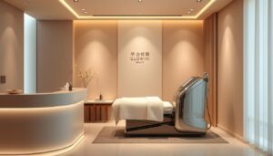 Oligio X 原美電波療程- a serene and sophisticated spa setting, illuminated by warm, diffused lighting. A sleek, modern reception area with minimalist decor sets the tone, inviting visitors to experience the Glowin Beaute brand's holistic approach to well-being. In the treatment room, a state-of-the-art Oligio X machine stands ready, its gleaming metallic form poised to deliver the latest in radio frequency skin rejuvenation. Calming neutral tones and natural elements create a tranquil, spa-like ambiance, ensuring a relaxing and rejuvenating experience for the client.