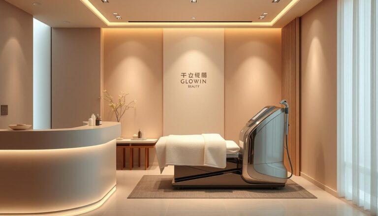 Oligio X 原美電波療程- a serene and sophisticated spa setting, illuminated by warm, diffused lighting. A sleek, modern reception area with minimalist decor sets the tone, inviting visitors to experience the Glowin Beaute brand's holistic approach to well-being. In the treatment room, a state-of-the-art Oligio X machine stands ready, its gleaming metallic form poised to deliver the latest in radio frequency skin rejuvenation. Calming neutral tones and natural elements create a tranquil, spa-like ambiance, ensuring a relaxing and rejuvenating experience for the client.