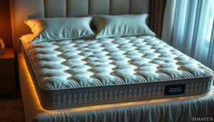 A stylish and ergonomic mattress topper by StylesMaven, showcasing intricate quilting patterns and supportive memory foam layers. The design features a plush, pillow-top surface with reinforced edges, providing optimal spinal alignment and pressure relief for a restorative night's sleep. Soft, breathable fabric in a soothing neutral tone creates a serene, spa-like ambiance, complemented by gentle side lighting that casts a warm, inviting glow. The mattress topper is meticulously crafted to alleviate back pain and promote deep, restful slumber, elevating the bedroom experience for a truly luxurious sleep sanctuary.