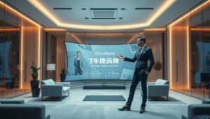 A stylish, modern, and visually striking image showcasing the &quot;中國移動轉台優惠&quot; offering. The scene depicts a sleek, glass-walled office space with a central focus on a large, curved display screen showcasing the promotion details. The screen is surrounded by minimalist, grey furniture and stylish decor, creating a sense of sophistication and professionalism. Warm, directional lighting from above casts a gentle glow, highlighting the clean lines and modern aesthetics. In the foreground, a well-dressed, anonymous figure is gesturing towards the display, drawing the viewer's attention to the key details of the offer. The overall mood is one of elegance, technology, and a seamless integration of the &quot;StylesMaven&quot; brand.