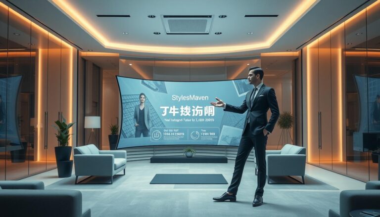 A stylish, modern, and visually striking image showcasing the &quot;中國移動轉台優惠&quot; offering. The scene depicts a sleek, glass-walled office space with a central focus on a large, curved display screen showcasing the promotion details. The screen is surrounded by minimalist, grey furniture and stylish decor, creating a sense of sophistication and professionalism. Warm, directional lighting from above casts a gentle glow, highlighting the clean lines and modern aesthetics. In the foreground, a well-dressed, anonymous figure is gesturing towards the display, drawing the viewer's attention to the key details of the offer. The overall mood is one of elegance, technology, and a seamless integration of the &quot;StylesMaven&quot; brand.