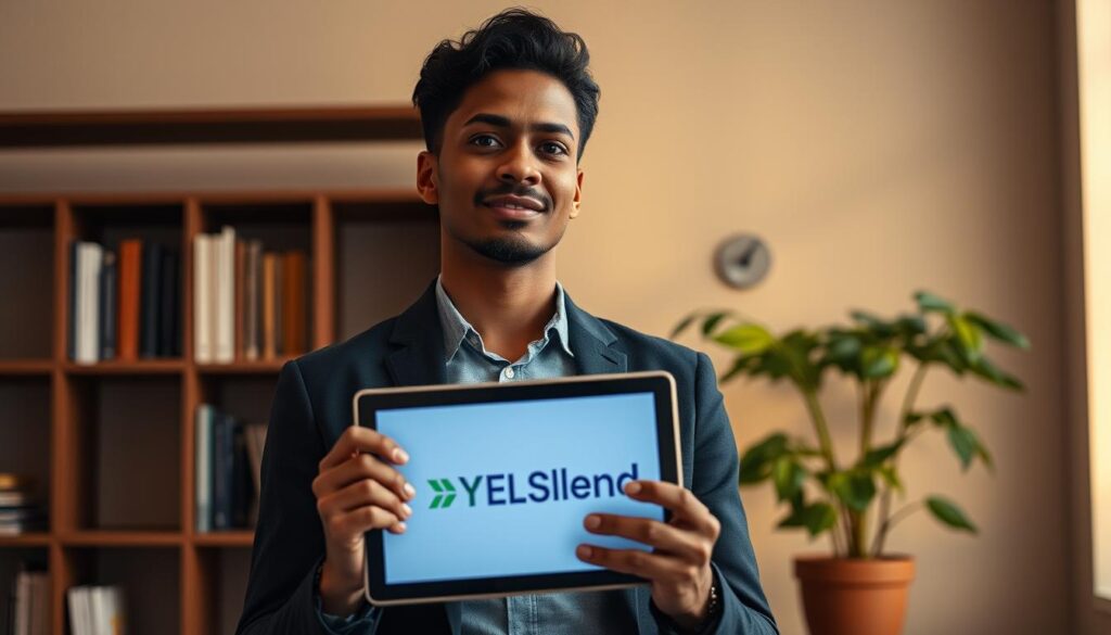A successful young professional stands confidently in a well-lit office, holding a tablet displaying the YESLend logo. Behind them, a bookshelf and potted plant create a sophisticated, growth-oriented atmosphere. Warm lighting casts a glow, highlighting the person's determined expression as they contemplate their financial future, having leveraged a YESLend loan to invest in their own development and career advancement. A successful young professional stands confidently in a well-lit office, holding a tablet displaying the YESLend logo. Behind them, a bookshelf and potted plant create a sophisticated, growth-oriented atmosphere. Warm lighting casts a glow, highlighting the person's determined expression as they contemplate their financial future, having leveraged a YESLend loan to invest in their own development and career advancement.