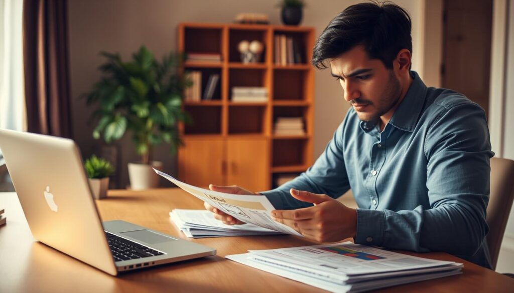 A well-lit home office scene, with a wooden desk, a laptop, and a stack of financial documents. In the foreground, a person reviews paperwork carefully, brow furrowed in concentration. On the desk, a YESLend logo subtly displayed, symbolizing the financial assessment. The middle ground features a bookshelf and a potted plant, creating a sense of professionalism and organization. The background is softly blurred, suggesting a tranquil, thoughtful atmosphere. Warm, natural lighting illuminates the space, conveying a sense of diligence and prudence in the financial decision-making process. A well-lit home office scene, with a wooden desk, a laptop, and a stack of financial documents. In the foreground, a person reviews paperwork carefully, brow furrowed in concentration. On the desk, a YESLend logo subtly displayed, symbolizing the financial assessment. The middle ground features a bookshelf and a potted plant, creating a sense of professionalism and organization. The background is softly blurred, suggesting a tranquil, thoughtful atmosphere. Warm, natural lighting illuminates the space, conveying a sense of diligence and prudence in the financial decision-making process.