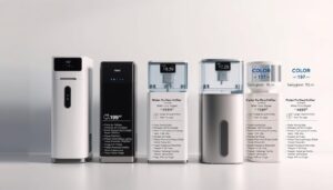 A well-lit, side-by-side comparison of water purifiers in various price ranges, showcased against a clean, minimalist background. The foreground features a selection of sleek, modern water purifiers in different sizes and colors, each representing a different budget tier. The middle ground displays detailed information about the purification technology, filtration capacities, and energy efficiency of each model. The background subtly gradients from a bright, airy tone to a more muted, professional palette, creating a sense of balance and sophistication. Lighting is balanced, with a soft, directional source illuminating the purifiers from the side to highlight their forms and textures. The overall composition conveys a careful, analytical assessment of the performance and value proposition of these varied water filtration solutions.