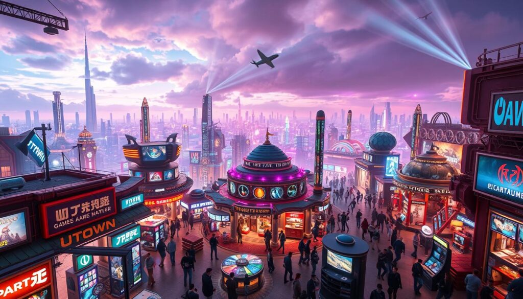 A diverse global marketplace of dynamic digital entertainment, showcasing a vibrant tapestry of game experiences tailored to the unique preferences and cultural nuances of distinct international markets. In the foreground, a bustling UTown marketplace where gamers from around the world converge, immersed in a kaleidoscope of interactive displays, vibrant lighting, and immersive sound effects. The middle ground reveals a stunning array of gaming platforms, controllers, and virtual environments, each catering to the diverse tastes and technological capabilities of international consumers. The background depicts a panoramic vista of futuristic cityscapes, reflecting the global reach and cutting-edge innovation of the digital gaming industry. The overall scene conveys a sense of boundless creativity, cultural exchange, and the seamless integration of technology with the evolving preferences of gamers worldwide. A diverse global marketplace of dynamic digital entertainment, showcasing a vibrant tapestry of game experiences tailored to the unique preferences and cultural nuances of distinct international markets. In the foreground, a bustling UTown marketplace where gamers from around the world converge, immersed in a kaleidoscope of interactive displays, vibrant lighting, and immersive sound effects. The middle ground reveals a stunning array of gaming platforms, controllers, and virtual environments, each catering to the diverse tastes and technological capabilities of international consumers. The background depicts a panoramic vista of futuristic cityscapes, reflecting the global reach and cutting-edge innovation of the digital gaming industry. The overall scene conveys a sense of boundless creativity, cultural exchange, and the seamless integration of technology with the evolving preferences of gamers worldwide.