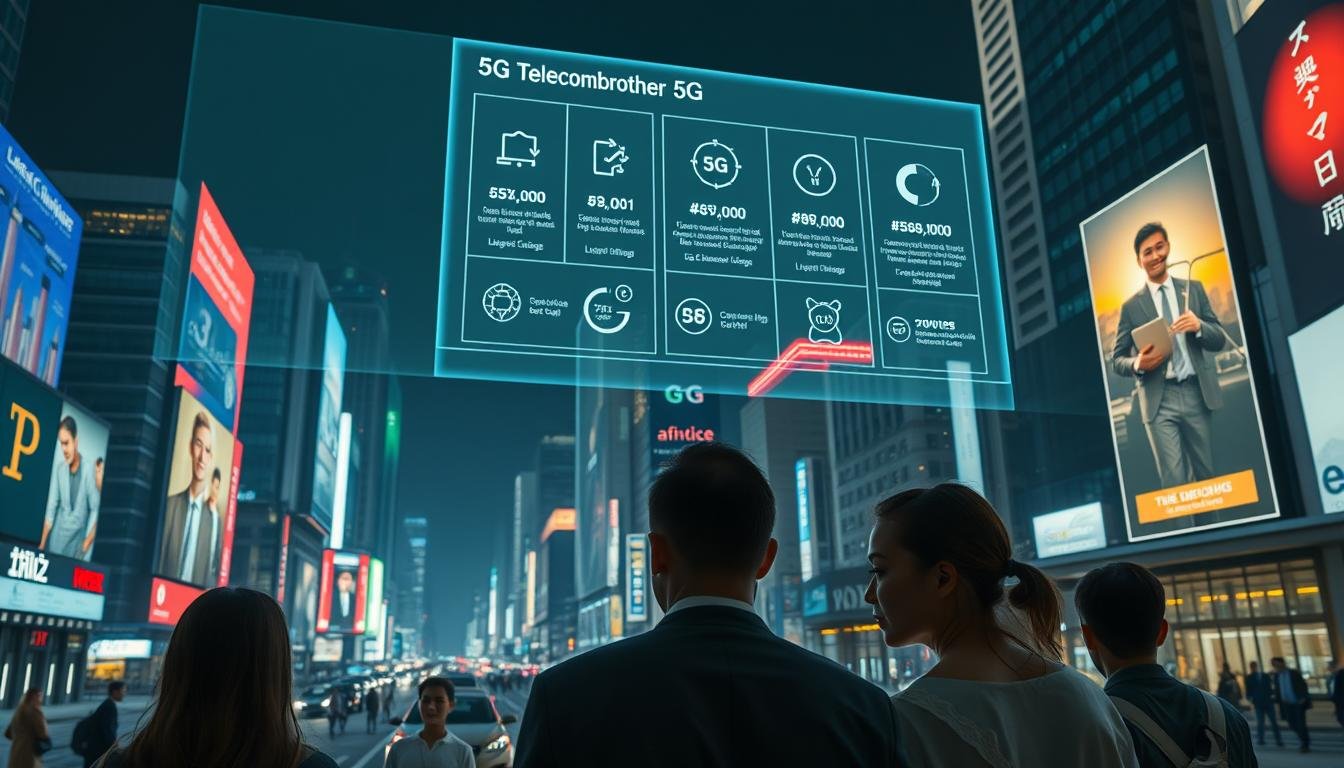 A futuristic cityscape at night, with a giant holographic display in the sky showcasing the &quot;Telecombrother&quot; 5G network. The display features various plan options, each with sleek, minimalist icons and infographic-style visualizations. The foreground shows a group of young professionals intently studying the 5G plan options, their faces lit by the glow of the display. The middle ground features a bustling urban street, with towering skyscrapers and neon-lit billboards. The background is a panoramic view of the city, with a moody, neon-tinged atmosphere, reflecting the cutting-edge, tech-savvy nature of the 5G plan selection process.