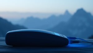 A high-altitude specific sleep apnea machine, the iCareCPAP, lies in the foreground. Its sleek, minimalist design is complemented by soft blue lighting, conveying a sense of tranquility and medical precision. In the middle ground, the machine's controls and interface are visible, showcasing its intuitive and user-friendly operation. The background features a hazy, mountainous landscape, subtly hinting at the machine's intended purpose for high-altitude regions. The overall scene exudes a calming, therapeutic atmosphere, perfectly suited for the specialized needs of sleep apnea patients in elevated environments.