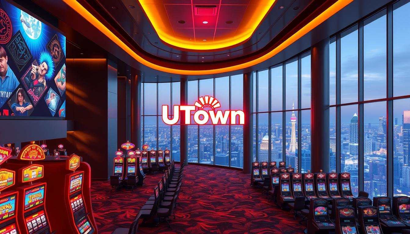A high-resolution 3D rendering of a luxurious USDT-based online casino featuring a sleek, modern interior design with a glowing neon UTown sign prominently displayed in the center. The scene is bathed in a warm, atmospheric lighting, creating a vibrant and immersive gaming atmosphere. The casino floor is filled with rows of state-of-the-art slot machines and gaming tables, all rendered with a high level of detail. In the background, a panoramic view of a bustling metropolitan skyline can be seen through large, floor-to-ceiling windows, further enhancing the sense of sophistication and urban energy.