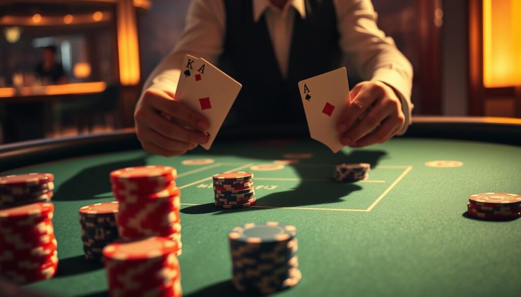 A high-stakes game of Baccarat unfolds on a sleek, modern table in the UTown online casino. The green felt surface gleams under warm, directional lighting, casting dramatic shadows across the playing area. Chic, minimalist card designs slide effortlessly between manicured hands, their movements precise and calculated. In the foreground, stacks of casino chips in a range of colors stand ready for strategic placement, while the background blurs into an indistinct, atmospheric backdrop suggestive of an upscale, exclusive gaming environment. The overall mood is one of focused intensity, high-stakes thrills, and the thrill of the ultimate test of skill and luck.