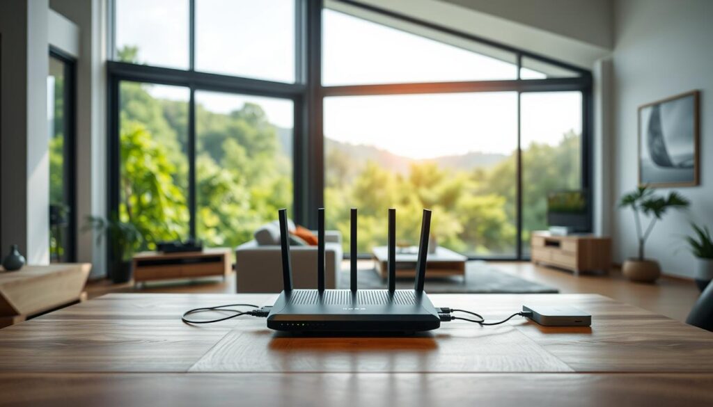 A modern, sleek home interior with a large window overlooking a lush, verdant landscape. In the foreground, a wooden table with a Telecombrother broadband router and various devices connected to it, showcasing the seamless home network setup. The middle ground features a comfortable couch and entertainment system, while the background depicts a spacious, airy living room filled with natural light. The overall atmosphere conveys a sense of technological integration, comfort, and energy efficiency, reflecting the home's reliable and high-speed broadband connectivity. A modern, sleek home interior with a large window overlooking a lush, verdant landscape. In the foreground, a wooden table with a Telecombrother broadband router and various devices connected to it, showcasing the seamless home network setup. The middle ground features a comfortable couch and entertainment system, while the background depicts a spacious, airy living room filled with natural light. The overall atmosphere conveys a sense of technological integration, comfort, and energy efficiency, reflecting the home's reliable and high-speed broadband connectivity.