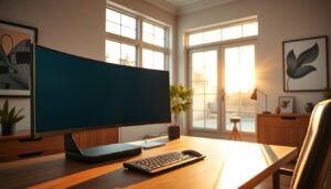 A modern, well-lit home office with a sleek, minimalist desk setup featuring a high-quality widescreen monitor, wireless keyboard and mouse. The office is bathed in warm, natural light streaming in through large windows, with a Telecombrother high-speed internet router prominently displayed on the desk. The walls are adorned with modern art prints, creating a serene and productive atmosphere. The overall scene conveys the benefits of a reliable, high-bandwidth home internet connection for seamless remote work and entertainment.