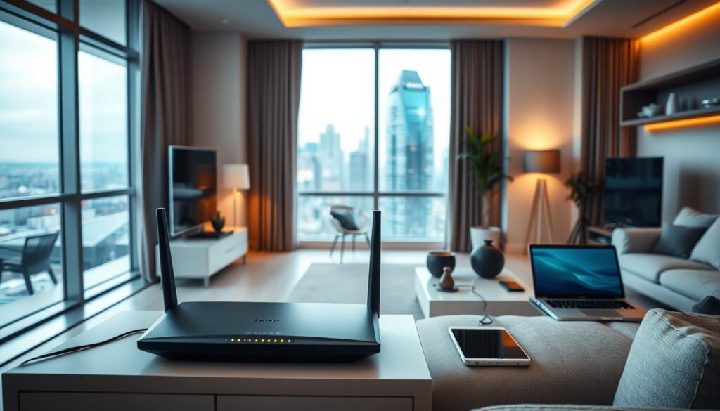 A neatly organized residential interior with sleek modern furnishings and a large window overlooking a bustling cityscape. In the foreground, a Telecombrother broadband router sits prominently on a minimalist side table, its LED indicator lights softly pulsing. The middle ground features an array of devices - tablets, smartphones, and laptops - connected to the router, showcasing the high-speed internet capabilities. The background is bathed in warm, diffused lighting, creating a cozy and inviting atmosphere. The scene conveys the seamless integration of high-speed broadband connectivity into the contemporary home environment. A neatly organized residential interior with sleek modern furnishings and a large window overlooking a bustling cityscape. In the foreground, a Telecombrother broadband router sits prominently on a minimalist side table, its LED indicator lights softly pulsing. The middle ground features an array of devices - tablets, smartphones, and laptops - connected to the router, showcasing the high-speed internet capabilities. The background is bathed in warm, diffused lighting, creating a cozy and inviting atmosphere. The scene conveys the seamless integration of high-speed broadband connectivity into the contemporary home environment.