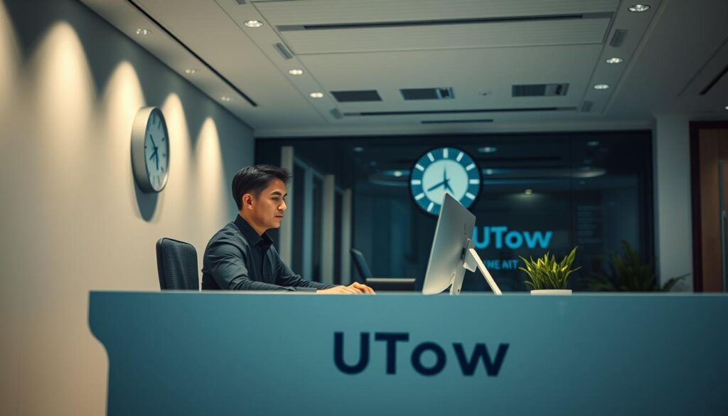 A pristine, modern office environment with an employee seated at a sleek UTown-branded desk, working intently on a computer. Soft, diffused lighting illuminates the space, creating a calming atmosphere. In the background, a clock on the wall prominently displays the time, emphasizing the rapid response time. The employee's facial expression conveys a sense of efficiency and professionalism, reflecting the high-quality customer service standards of the UTown online entertainment platform. A pristine, modern office environment with an employee seated at a sleek UTown-branded desk, working intently on a computer. Soft, diffused lighting illuminates the space, creating a calming atmosphere. In the background, a clock on the wall prominently displays the time, emphasizing the rapid response time. The employee's facial expression conveys a sense of efficiency and professionalism, reflecting the high-quality customer service standards of the UTown online entertainment platform.