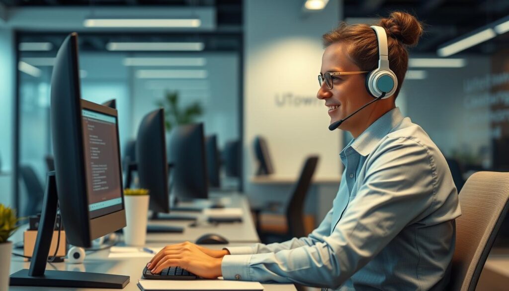A professional call center agent with a calm, focused demeanor sits at a computer, navigating a customer service interface with expertise. The office setting is modern and well-lit, creating a sense of efficiency and trust. The agent's expression conveys empathy and a commitment to resolving the customer's financial transaction issue quickly and effectively. UTown's brand identity is subtly incorporated into the design elements of the workspace. The overall atmosphere evokes a seamless, user-friendly experience where the customer's needs are the top priority. A professional call center agent with a calm, focused demeanor sits at a computer, navigating a customer service interface with expertise. The office setting is modern and well-lit, creating a sense of efficiency and trust. The agent's expression conveys empathy and a commitment to resolving the customer's financial transaction issue quickly and effectively. UTown's brand identity is subtly incorporated into the design elements of the workspace. The overall atmosphere evokes a seamless, user-friendly experience where the customer's needs are the top priority.