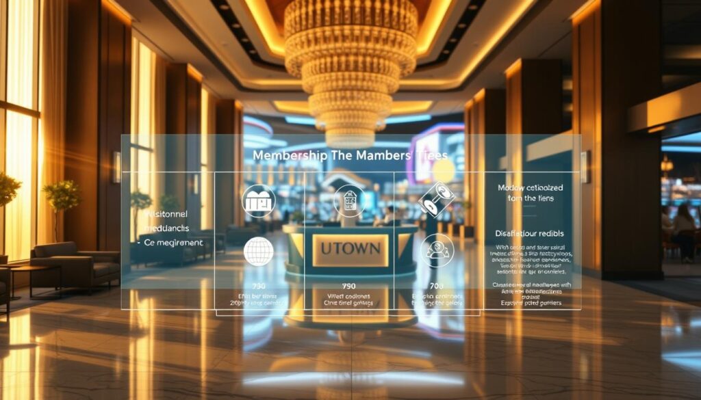 A serene UTown lobby, bathed in soft golden light filtering through tall windows. Sleek marble floors, plush leather armchairs, and a concierge desk with a prominent UTown logo. In the foreground, a holographic display showcases the membership tiers and the streamlined mechanism for maintaining one's status. The middle ground features elegant icons and infographics, visually explaining the level requirements and benefits. The background is a blurred, out-of-focus view of the bustling casino and entertainment complex beyond, hinting at the exclusive privileges enjoyed by elevated members. A serene UTown lobby, bathed in soft golden light filtering through tall windows. Sleek marble floors, plush leather armchairs, and a concierge desk with a prominent UTown logo. In the foreground, a holographic display showcases the membership tiers and the streamlined mechanism for maintaining one's status. The middle ground features elegant icons and infographics, visually explaining the level requirements and benefits. The background is a blurred, out-of-focus view of the bustling casino and entertainment complex beyond, hinting at the exclusive privileges enjoyed by elevated members.