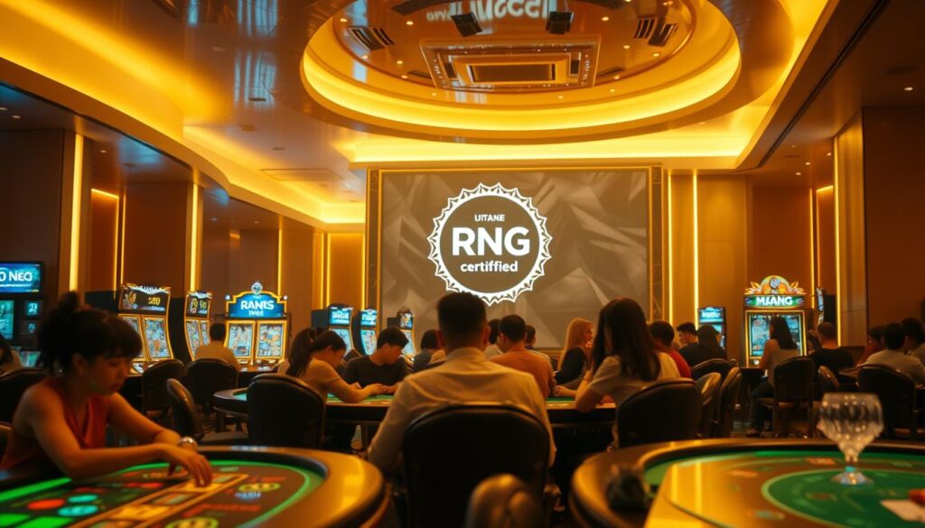 A serene and visually captivating scene showcasing the fairness and transparency of UTown's gaming ecosystem. A gleaming, modern casino interior with sleek, minimalist design elements bathed in warm, diffused lighting. In the foreground, a group of players intently focused on the gaming tables, their expressions reflecting a sense of immersion and trust in the fairness of the games. In the background, a large screen displays the RNG (Random Number Generator) certification, instilling confidence in the randomness and integrity of the gaming outcomes. The overall atmosphere exudes a palpable sense of fairness, security, and player-centric experience. A serene and visually captivating scene showcasing the fairness and transparency of UTown's gaming ecosystem. A gleaming, modern casino interior with sleek, minimalist design elements bathed in warm, diffused lighting. In the foreground, a group of players intently focused on the gaming tables, their expressions reflecting a sense of immersion and trust in the fairness of the games. In the background, a large screen displays the RNG (Random Number Generator) certification, instilling confidence in the randomness and integrity of the gaming outcomes. The overall atmosphere exudes a palpable sense of fairness, security, and player-centric experience.