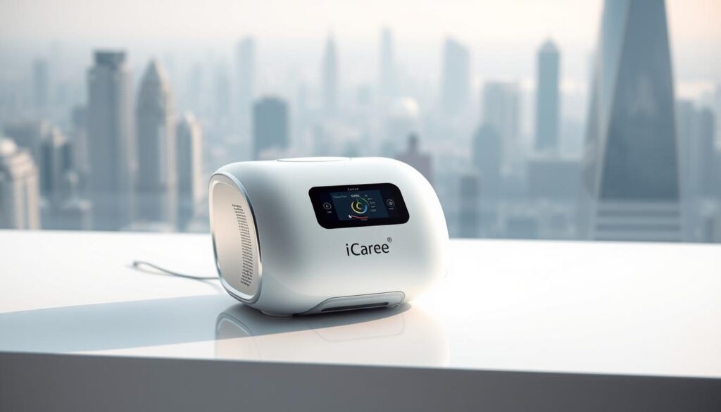 A sleek, futuristic medical device sits on a pristine white surface, its iCareCPAP branding prominently displayed. The device's smooth curves and minimalist design evoke a sense of advanced technology and precision engineering. Soft, directional lighting highlights the device's metallic accents, creating a warm, inviting atmosphere. In the background, a blurred cityscape with towering skyscrapers suggests an urban, high-altitude setting. The scene conveys the reliable performance and comprehensive aftercare support provided by the iCareCPAP sleep apnea machine, catering to the unique needs of individuals living in high-altitude regions. A sleek, futuristic medical device sits on a pristine white surface, its iCareCPAP branding prominently displayed. The device's smooth curves and minimalist design evoke a sense of advanced technology and precision engineering. Soft, directional lighting highlights the device's metallic accents, creating a warm, inviting atmosphere. In the background, a blurred cityscape with towering skyscrapers suggests an urban, high-altitude setting. The scene conveys the reliable performance and comprehensive aftercare support provided by the iCareCPAP sleep apnea machine, catering to the unique needs of individuals living in high-altitude regions.