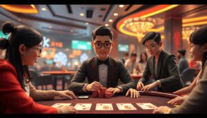 A vibrant and interactive scene of a modern online casino, featuring the game of "視訊百家樂" within the UTown entertainment platform. The foreground showcases the sleek and intuitive interface of the game, with carefully crafted 3D models of playing cards, chips, and a virtual dealer. The middle ground presents a lively atmosphere, with stylized character avatars of players engaged in the game, their expressions and gestures conveying the excitement and anticipation of the gameplay. The background depicts a sophisticated and immersive virtual environment, with subtle lighting effects, seamless camera angles, and a sense of depth and perspective that draws the viewer into the dynamic world of UTown's online casino experience.