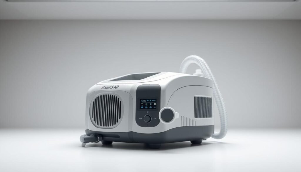 A high-quality, detailed image of an iCareCPAP sleep apnea machine. The device should be placed prominently in the center, with a sleek, modern design in shades of gray and white. Capture the machine's various components, such as the air intake, the display screen, and the hose attachment, to showcase its advanced functionality. Depict the machine in a well-lit, clinical setting, with soft, diffused lighting from above to emphasize its clean, professional appearance. The background should be a neutral, minimalist space, allowing the sleep apnea machine to be the focal point of the image. Convey a sense of efficiency, reliability, and innovation through the device's design and presentation.