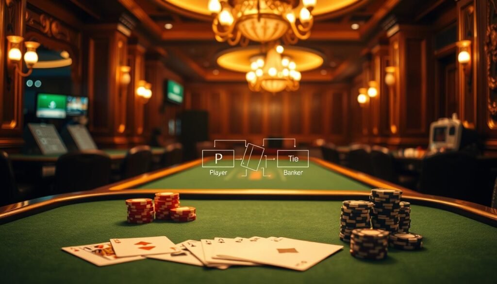 A neatly organized table displaying the fundamental rules and gameplay of Baccarat, against a backdrop of a dimly lit casino interior. The table's green felt surface is illuminated by warm, golden lighting, creating a cozy and inviting atmosphere. In the foreground, playing cards and casino chips are artfully arranged, hinting at the strategic decision-making involved in the game. The middle ground features a simplified diagram or infographic outlining the basic Baccarat mechanics, including the Player, Banker, and Tie outcomes. The background showcases the ornate, wood-paneled walls and ornamental details characteristic of a traditional casino setting, conveying a sense of sophistication and exclusivity. A neatly organized table displaying the fundamental rules and gameplay of Baccarat, against a backdrop of a dimly lit casino interior. The table's green felt surface is illuminated by warm, golden lighting, creating a cozy and inviting atmosphere. In the foreground, playing cards and casino chips are artfully arranged, hinting at the strategic decision-making involved in the game. The middle ground features a simplified diagram or infographic outlining the basic Baccarat mechanics, including the Player, Banker, and Tie outcomes. The background showcases the ornate, wood-paneled walls and ornamental details characteristic of a traditional casino setting, conveying a sense of sophistication and exclusivity.
