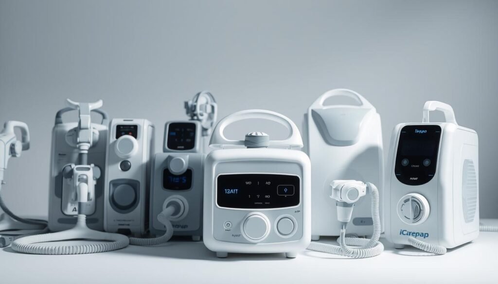 A well-lit and focused close-up shot of various types of iCareCPAP sleep apnea machines, including CPAP, BiPAP, and APAP models, arranged in a visually appealing display. The machines are showcased against a clean, neutral background, with soft shadows and highlights to accentuate their sleek, modern designs. The image should convey a sense of professionalism and expertise, highlighting the key features and differences between the different sleep apnea treatment devices.