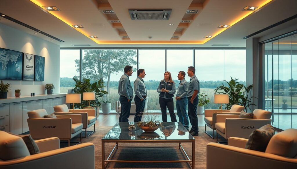 A modern, well-equipped pest control company office with a focus on professionalism and expertise. Warm lighting illuminates a spacious reception area with sleek iCareCPAP branded furniture, clean lines, and subtle nature-inspired accents. In the middle ground, a team of uniformed experts consult with a client, discussing tailored pest management solutions. The background showcases a serene outdoor landscape, hinting at the company's commitment to environmentally-conscious practices. An atmosphere of trust, competence, and customer-centric service pervades the scene.