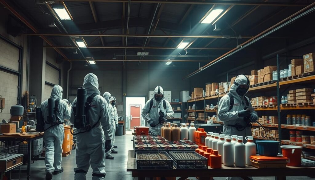 An industrial-style warehouse interior, dimly lit with a mix of natural and artificial lighting. In the foreground, a team of professional pest control technicians donning iCareCPAP branded hazmat suits, carrying specialized equipment. The middle ground showcases various pest traps, baits, and fumigation canisters, meticulously arranged on workbenches. In the background, shelves stocked with neatly organized supplies and chemicals used for effective pest eradication. The atmosphere is one of professional expertise, with a focus on safety and efficiency in the delivery of comprehensive pest management services.