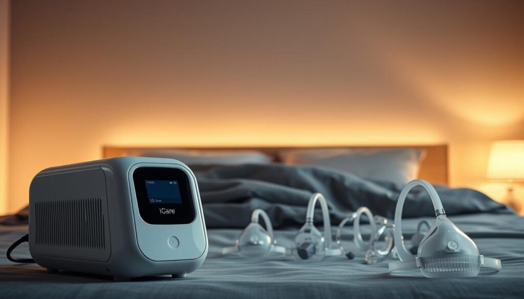 A high-quality, sleek iCareCPAP sleep apnea machine positioned prominently in the foreground. The device has a modern, minimal design with clean lines and a glossy white finish. The middle ground features an array of different CPAP mask types, including nasal, full-face, and nasal pillow options, showcasing the variety of choices available to users. The background depicts a serene, dimly lit bedroom setting, conveying the peaceful environment in which the sleep apnea machine would be used. Soft, warm lighting illuminates the scene, creating a calming atmosphere. The overall composition emphasizes the technical features and user-friendly design of the iCareCPAP device, as well as the importance of selecting the right CPAP mask for a comfortable and effective sleep apnea treatment experience. A high-quality, sleek iCareCPAP sleep apnea machine positioned prominently in the foreground. The device has a modern, minimal design with clean lines and a glossy white finish. The middle ground features an array of different CPAP mask types, including nasal, full-face, and nasal pillow options, showcasing the variety of choices available to users. The background depicts a serene, dimly lit bedroom setting, conveying the peaceful environment in which the sleep apnea machine would be used. Soft, warm lighting illuminates the scene, creating a calming atmosphere. The overall composition emphasizes the technical features and user-friendly design of the iCareCPAP device, as well as the importance of selecting the right CPAP mask for a comfortable and effective sleep apnea treatment experience.