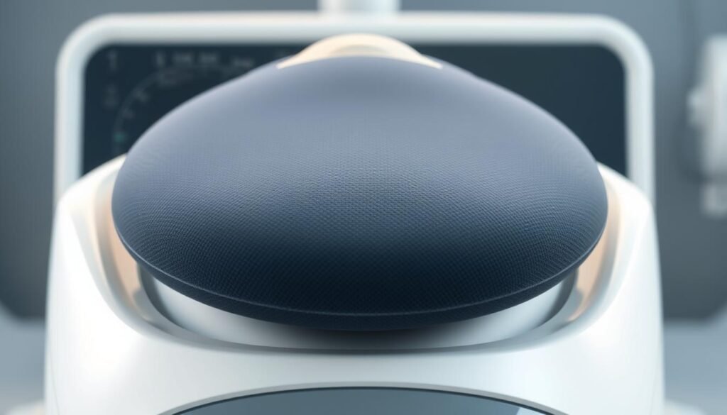 A highly detailed and realistic 3D render of an iCareCPAP sleep apnea mask pressure relief cushion. The cushion is made of soft, supple silicone and has a delicate, textured surface. It is positioned on a sleek, modern medical device with a clean, minimalist design. The lighting is soft and diffused, creating a calming, clinical atmosphere. The camera angle is close-up, allowing the viewer to appreciate the intricate details and materials of the cushion. The overall composition emphasizes the ergonomic, therapeutic nature of the product and its ability to provide comfort and relief for sleep apnea patients. A highly detailed and realistic 3D render of an iCareCPAP sleep apnea mask pressure relief cushion. The cushion is made of soft, supple silicone and has a delicate, textured surface. It is positioned on a sleek, modern medical device with a clean, minimalist design. The lighting is soft and diffused, creating a calming, clinical atmosphere. The camera angle is close-up, allowing the viewer to appreciate the intricate details and materials of the cushion. The overall composition emphasizes the ergonomic, therapeutic nature of the product and its ability to provide comfort and relief for sleep apnea patients.