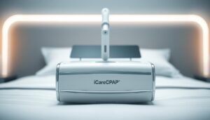 A sleek, modern medical device with the iCareCPAP brand name prominently displayed. The device is positioned in the center of the frame, its clean white and chrome design accentuated by soft, diffused lighting that creates a sense of tranquility. The background is blurred, allowing the device to be the focal point, emphasizing its functional simplicity and medical-grade reliability. The overall mood is one of professionalism, efficiency, and the assurance of a well-engineered solution for sleep apnea management.