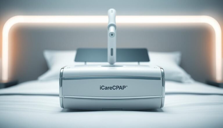 A sleek, modern medical device with the iCareCPAP brand name prominently displayed. The device is positioned in the center of the frame, its clean white and chrome design accentuated by soft, diffused lighting that creates a sense of tranquility. The background is blurred, allowing the device to be the focal point, emphasizing its functional simplicity and medical-grade reliability. The overall mood is one of professionalism, efficiency, and the assurance of a well-engineered solution for sleep apnea management.
