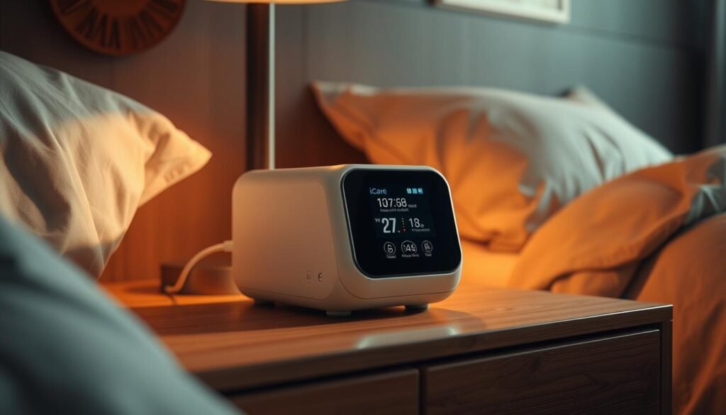 Photorealistic image of a modern iCareCPAP sleep apnea machine on a wooden nightstand, illuminated by soft warm lighting. The device is sleek and compact, with a display panel showing vital statistics. The image captures the machine's functionality and design, conveying a sense of medical technology seamlessly integrated into a home environment. The nightstand is situated in a cozy, dimly lit bedroom, with hints of comfortable bedding in the background, suggesting the machine's role in providing restful sleep. The overall composition emphasizes the machine's purpose and its integration into the user's personal space. Photorealistic image of a modern iCareCPAP sleep apnea machine on a wooden nightstand, illuminated by soft warm lighting. The device is sleek and compact, with a display panel showing vital statistics. The image captures the machine's functionality and design, conveying a sense of medical technology seamlessly integrated into a home environment. The nightstand is situated in a cozy, dimly lit bedroom, with hints of comfortable bedding in the background, suggesting the machine's role in providing restful sleep. The overall composition emphasizes the machine's purpose and its integration into the user's personal space.