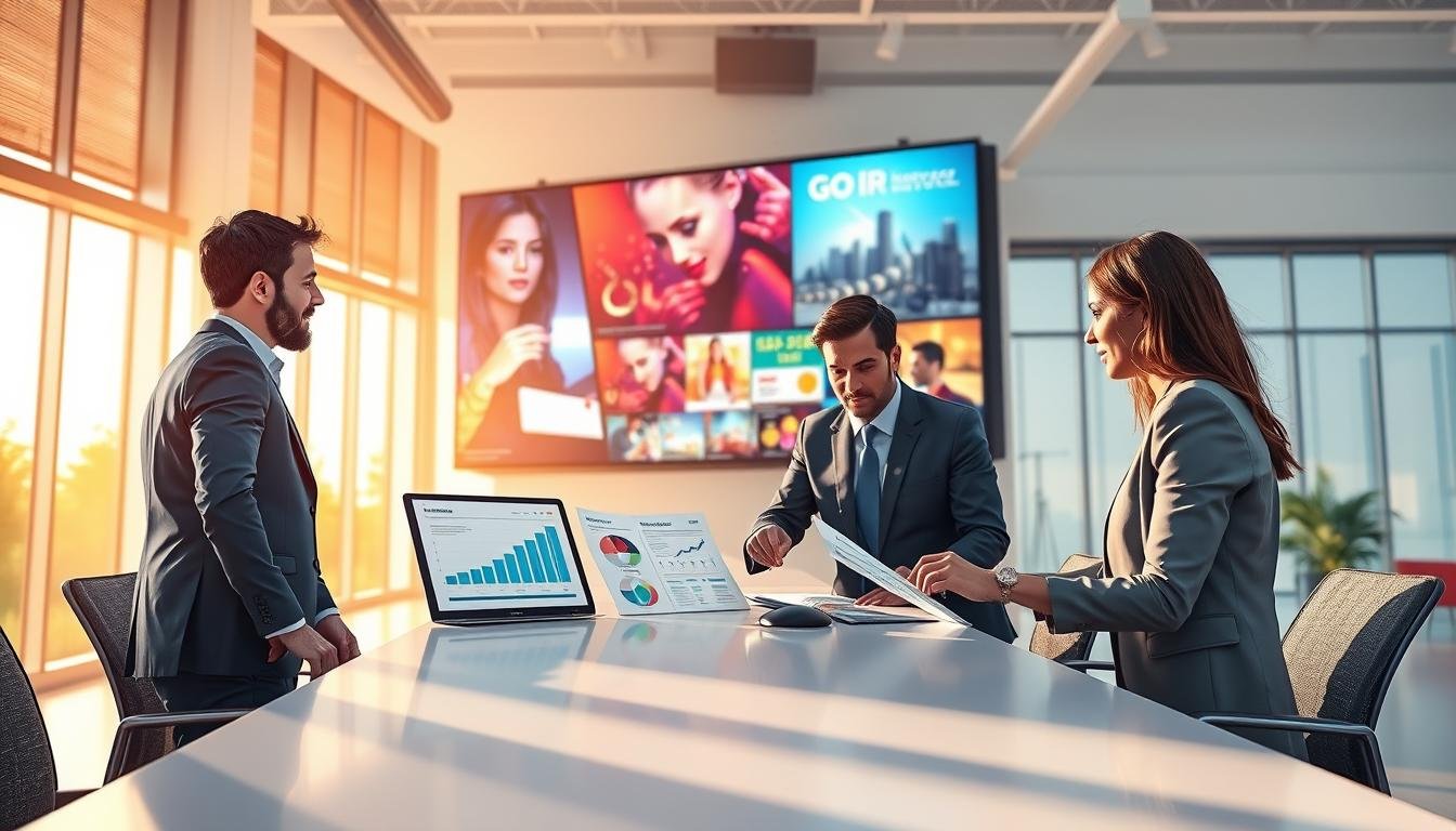 A dynamic and visually engaging illustration depicting advertising strategies. In the foreground, a diverse group of three professionals—two men and one woman—dressed in smart business attire, are gathered around a sleek modern table, analyzing marketing charts and digital screens displaying data analytics. In the middle ground, a large digital billboard can be seen showcasing vibrant advertisements, symbolizing effective ad placement. The background features a bright, contemporary office environment with large windows letting in natural light, creating an uplifting atmosphere. Soft shadows enhance depth, and the overall mood is focused and collaborative, illustrating the importance of strategic planning in advertising. Use a wide-angle lens to capture both action and space.