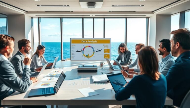 A detailed, modern office space featuring a large conference table with professionals analyzing travel data on laptops and tablets. In the foreground, a diverse group of business people in smart casual attire engages in an animated discussion surrounded by charts and graphs representing different travel itinerary types. In the middle, a large screen displays a colorful infographic titled "OceanEsim Data Analysis" with visual data trends and travel requirements. In the background, large windows showcase a scenic ocean view under a bright blue sky, creating a sense of connection to travel. The lighting is bright and natural, with soft shadows enhancing the atmosphere of collaboration and innovation. The overall mood is focused, professional, and dynamic.