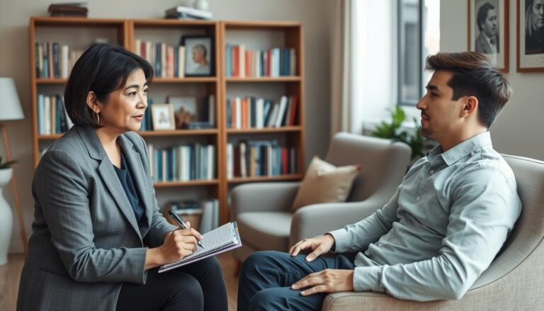 A professional psychiatrist engaged in a thoughtful interaction with a patient in a comfortable, well-lit office. In the foreground, the psychiatrist, a middle-aged Asian woman in a smart tailored blazer, sits attentively with a notepad and pen, exuding empathy and professionalism. The middle ground features a cozy armchair where the patient, a young Caucasian male in casual yet modest clothing, shares his thoughts, appearing relaxed yet contemplative. The background includes calming elements like a bookshelf filled with mental health literature and framed artwork on the walls, creating an inviting atmosphere. Soft, natural lighting from a window adds warmth and enhances the serene mood, reflecting the importance of care and understanding in psychiatric treatment.