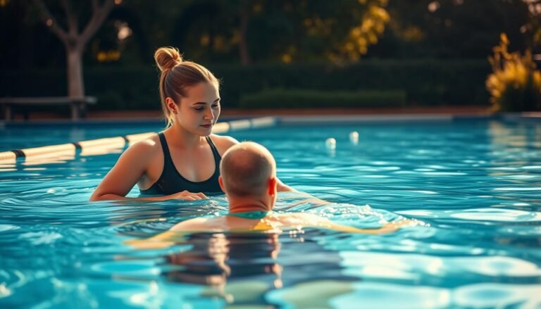 A serene swimming pool setting featuring a private one-on-one swimming lesson. In the foreground, a dedicated swimming instructor, dressed in modest athletic wear, is guiding a focused adult student in the water. The instructor is demonstrating a stroke technique while the student listens attentively, embodying the personal attention of private lessons. In the middle ground, crystal-clear water ripples softly under warm, natural sunlight filtering through the trees, casting gentle reflections. The background showcases a tranquil poolside with lush greenery, contributing to a peaceful atmosphere. The image is captured with a slight tilt-angle lens to emphasize the intimate environment of personalized coaching, evoking a mood of calm focus and determination, ideal for showcasing the advantages of one-on-one swimming classes.