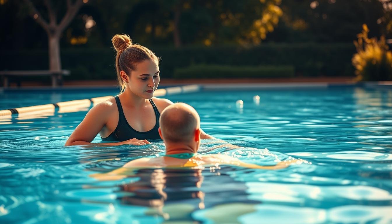 A serene swimming pool setting featuring a private one-on-one swimming lesson. In the foreground, a dedicated swimming instructor, dressed in modest athletic wear, is guiding a focused adult student in the water. The instructor is demonstrating a stroke technique while the student listens attentively, embodying the personal attention of private lessons. In the middle ground, crystal-clear water ripples softly under warm, natural sunlight filtering through the trees, casting gentle reflections. The background showcases a tranquil poolside with lush greenery, contributing to a peaceful atmosphere. The image is captured with a slight tilt-angle lens to emphasize the intimate environment of personalized coaching, evoking a mood of calm focus and determination, ideal for showcasing the advantages of one-on-one swimming classes.