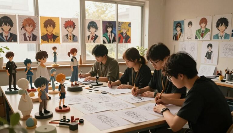 A detailed illustration of the design process and artistic expression of anime-inspired figurative objects. In the foreground, feature skilled artists working collaboratively at a large table, surrounded by sketches and prototype models that showcase various design stages. The middle ground includes a display of colorful concept art pinned to the walls, capturing different artistic styles ranging from realistic to stylized anime. The background features large windows letting in warm, soft sunlight, creating a cozy, intimate atmosphere. Use a cinematic lens effect to evoke a sense of creativity and innovation. Warm lighting enhances the scene's inviting feel, with an overall mood of passion and dedication to the craft of design. A 4:3 aspect ratio emphasizes the depth of the workspace while maintaining a focused view on the design activities.
