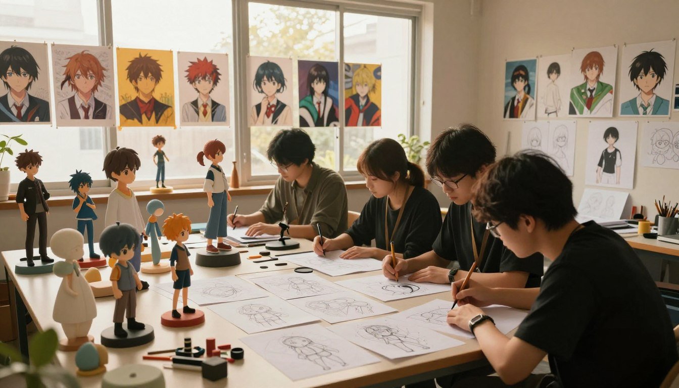 A detailed illustration of the design process and artistic expression of anime-inspired figurative objects. In the foreground, feature skilled artists working collaboratively at a large table, surrounded by sketches and prototype models that showcase various design stages. The middle ground includes a display of colorful concept art pinned to the walls, capturing different artistic styles ranging from realistic to stylized anime. The background features large windows letting in warm, soft sunlight, creating a cozy, intimate atmosphere. Use a cinematic lens effect to evoke a sense of creativity and innovation. Warm lighting enhances the scene's inviting feel, with an overall mood of passion and dedication to the craft of design. A 4:3 aspect ratio emphasizes the depth of the workspace while maintaining a focused view on the design activities.