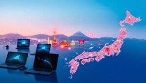 A detailed, visually rich map of Japan highlighting the network coverage of OceanEsim eSIM services. In the foreground, display various digital devices like laptops and tablets showing connectivity signals, symbolizing the seamless internet experience. In the middle ground, integrate vibrant icons or symbols representing cities and landmarks in Japan, such as Tokyo Tower and Mount Fuji, interconnected by lines that illustrate network coverage areas. The background should feature a subtle, stylized outline of Japan’s geography, softly illuminated by a blue sky, suggesting a tech-savvy atmosphere. Utilize a wide-angle perspective to present a comprehensive view, with bright, inviting colors that evoke a sense of modernity and connectivity. Aim for a clean, professional look, free from any text or overlays.