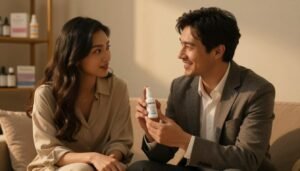 A warm, intimate scene featuring a couple in a cozy, softly lit room, sitting closely together, both smiling and engaged in conversation. The man is holding a small spray bottle labeled "Delay Spray" in professional business attire, focusing on sharing its benefits. The woman, dressed in elegant casual attire, looks intrigued and interested. In the background, a shelf holds additional health products, hinting at a wellness focus. The lighting is warm and inviting, casting soft shadows, creating a cinematic vibe reminiscent of personal moments. The image is composed in a 4:3 aspect ratio, emphasizing the connection between the characters while showcasing the product in a relatable and safe context.