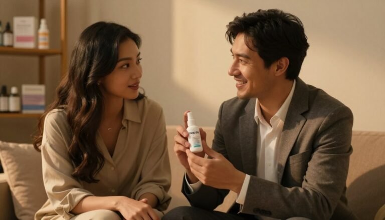 A warm, intimate scene featuring a couple in a cozy, softly lit room, sitting closely together, both smiling and engaged in conversation. The man is holding a small spray bottle labeled "Delay Spray" in professional business attire, focusing on sharing its benefits. The woman, dressed in elegant casual attire, looks intrigued and interested. In the background, a shelf holds additional health products, hinting at a wellness focus. The lighting is warm and inviting, casting soft shadows, creating a cinematic vibe reminiscent of personal moments. The image is composed in a 4:3 aspect ratio, emphasizing the connection between the characters while showcasing the product in a relatable and safe context.