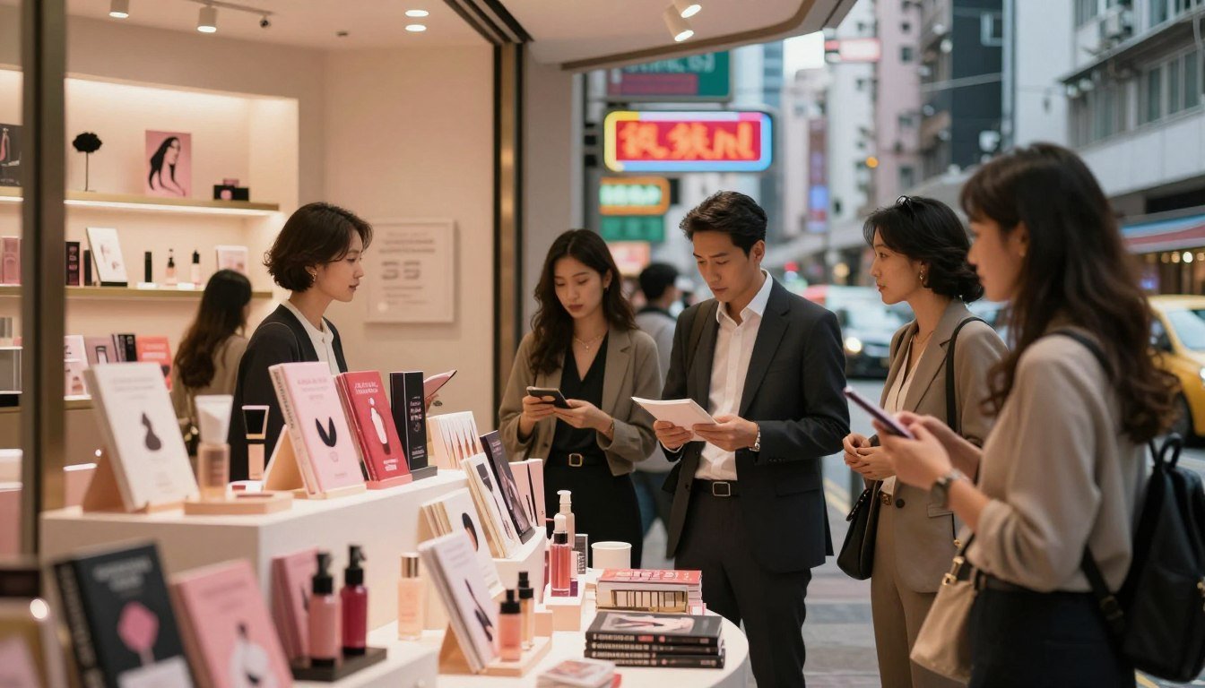 A modern sex shop in Hong Kong, showcasing the cultural evolution of intimacy and relationships. In the foreground, display a stylish storefront with warm lighting, featuring tastefully arranged products such as elegant personal care items and books on relationships. The middle ground includes a diverse group of individuals in professional attire, perusing the store with curiosity and interest, reflecting societal openness towards discussions of intimacy. In the background, a vibrant cityscape of Hong Kong, with colorful neon signs and bustling streets, adds urban charm. Capture the scene with a cinematic lens, emphasizing cozy and intimate vibes, in a 4:3 aspect ratio. The atmosphere should feel inviting and progressive, highlighting the intersection of culture and modernity in the realm of personal expression.