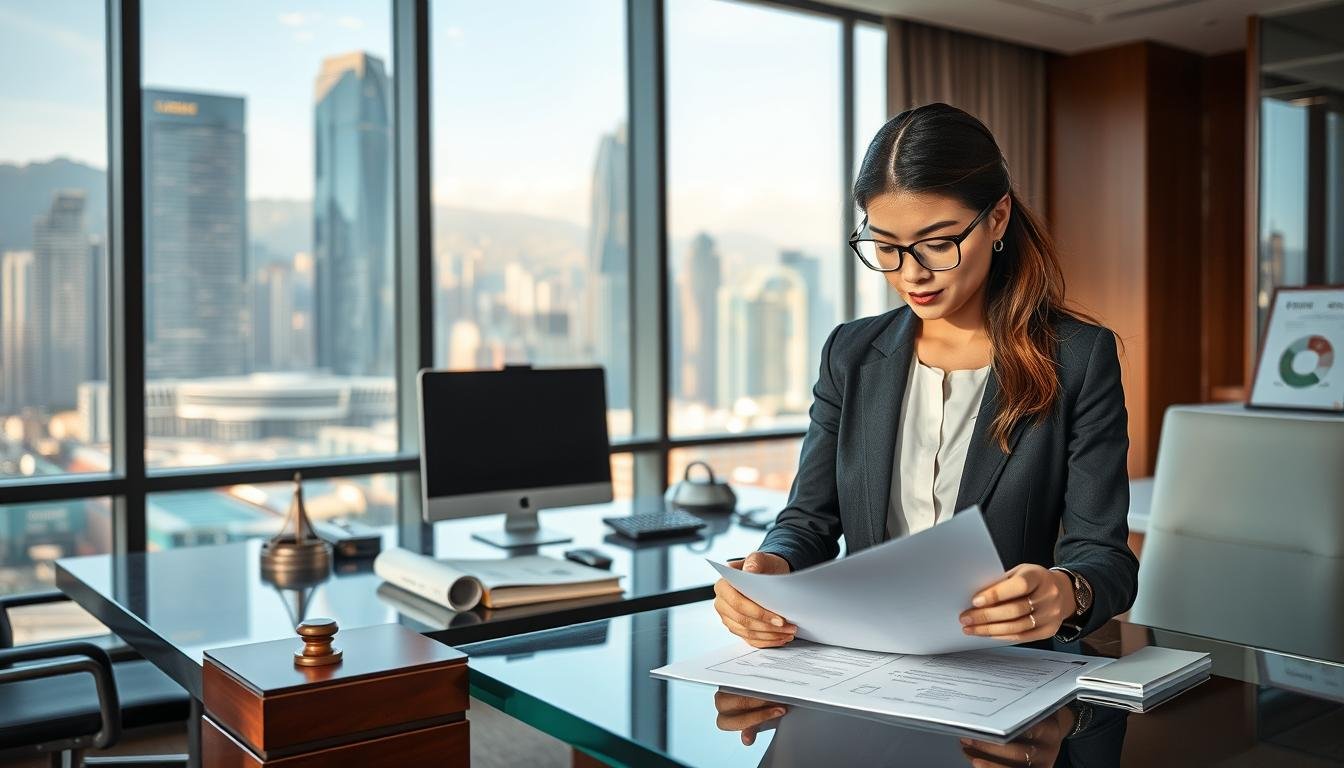 A professional office setting in Hong Kong, showcasing the concept of company secretary services. In the foreground, a well-dressed businesswoman, wearing a smart blazer and glasses, meticulously reviewing corporate documents on a sleek glass table. The middle ground features an elegant office space with a sophisticated desktop setup, including a computer, legal books, and company seals. In the background, large windows reveal a panoramic view of Hong Kong’s skyline, with skyscrapers glistening under soft afternoon sunlight. The lighting is warm and inviting, creating a focused yet relaxed atmosphere. The image conveys professionalism and compliance, emphasizing the legal requirements of company secretary services in Hong Kong, suitable for a corporate environment.