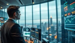A dynamic scene depicting the technological prowess of "3A" in a bustling trading environment. In the foreground, a professional business person dressed in a sleek suit is intently monitoring multiple screens displaying real-time trading data and analytics, reflecting a sense of focus and precision. The middle ground showcases a modern trading floor filled with advanced digital displays and graphs, portraying a high-energy atmosphere. The background features a panoramic city skyline through large windows, symbolizing connectivity and global reach. Soft, ambient lighting creates a professional yet energetic mood, emphasizing the importance of accuracy. The angle is slightly tilted to convey action and urgency, while the overall color palette is composed of cool blues and warm metallic tones to reinforce a sense of innovation and reliability.